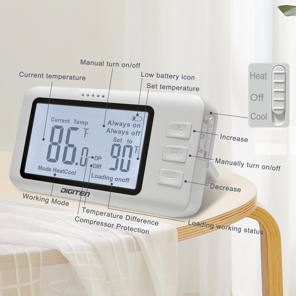 DIGITEN Wireless Thermostat Outlet Temperature Controlled with White