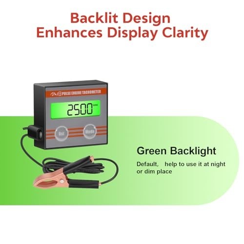 Inductive Digital Engine Tachometer with Clip - Mini Gauge, Hour Meter & Backlig