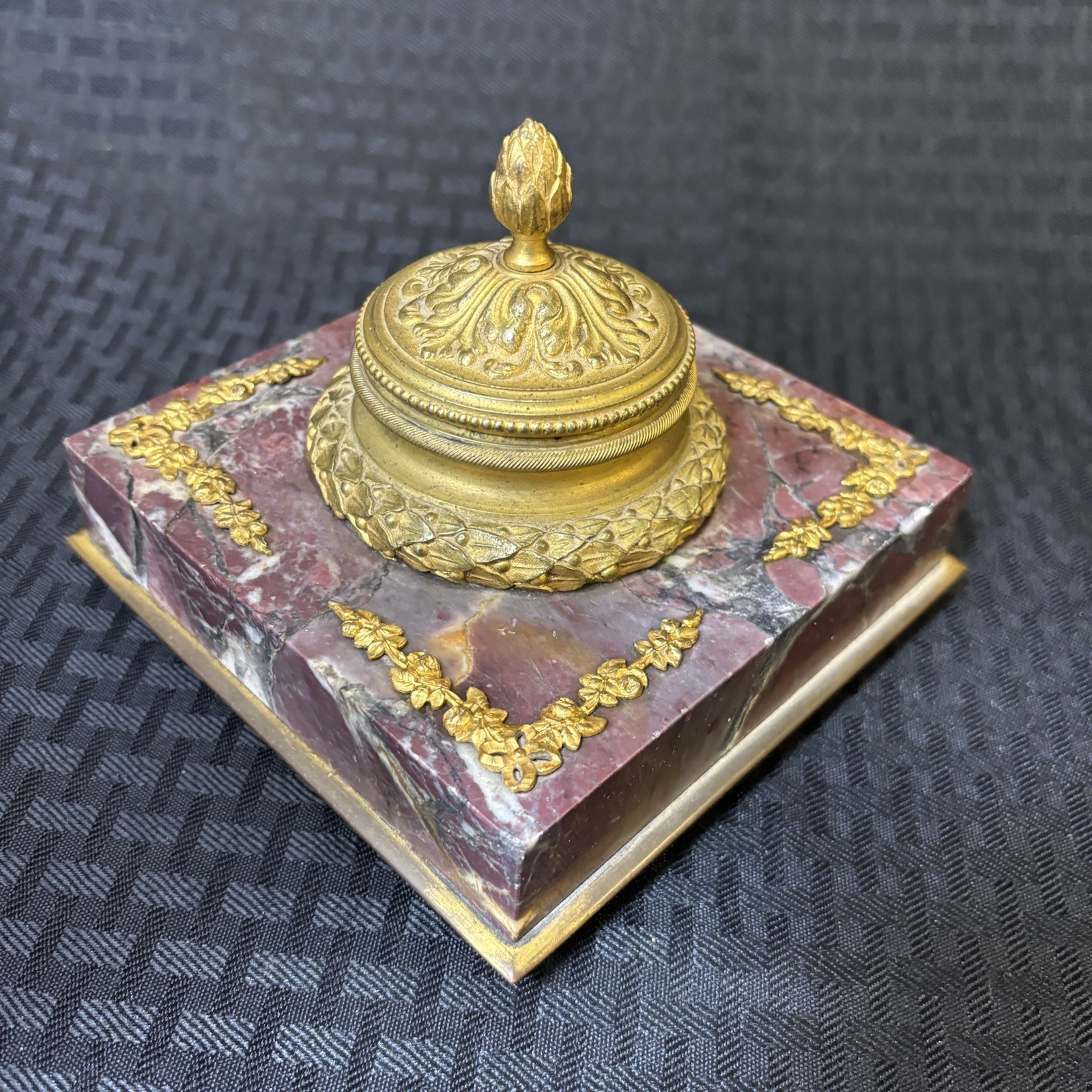 Antique French Rouge Marble Gilt Bronze Inkwell Empire Style
