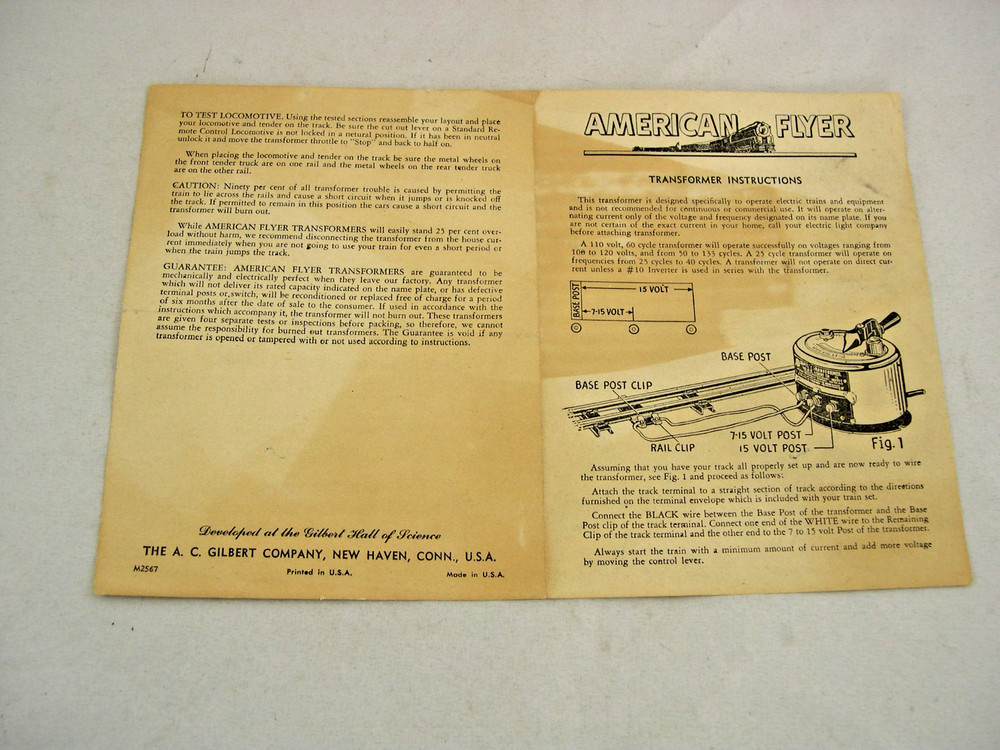 American Flyer Instruction Sheet for Transformers