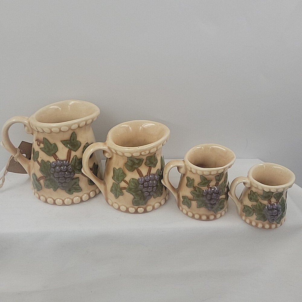 Ceramic Measuring Cups Grapes With Vines Glazed Pottery