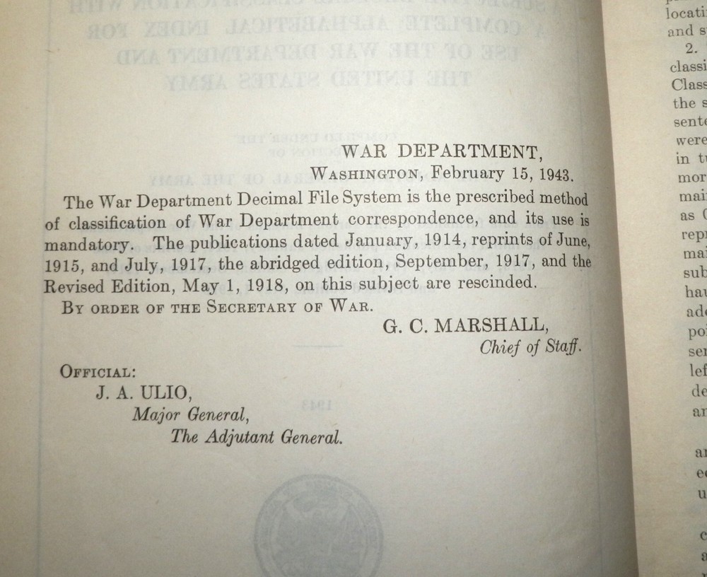 1943 US Army War Department Decimal File System Book