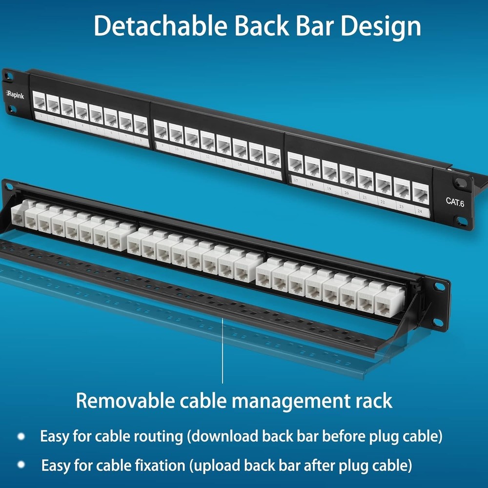 Removable Back Bar 24 Port Cat6 Patch Panel - Fast, Reliable 10G Connection