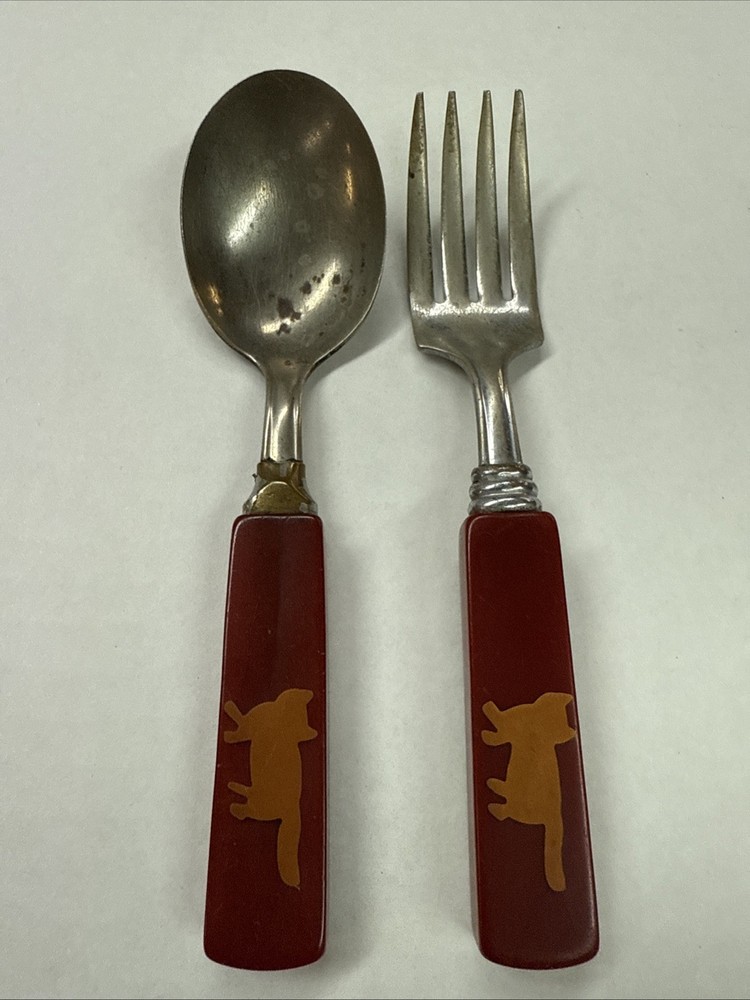 Vintage Children’s 2 Piece Bakelite Silverware Set MCM