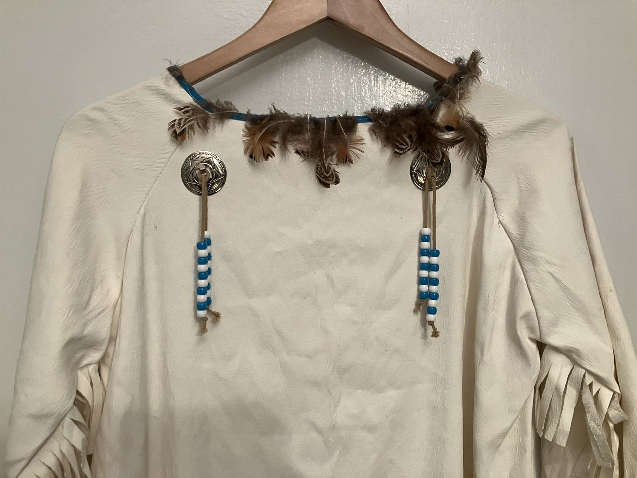 vintage white leather fringe Native American indian dress conchos turquoise bead