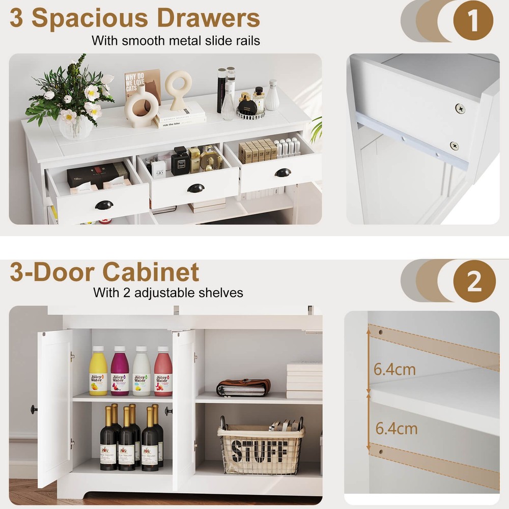 3 Drawers Sideboard Buffet Cabinet Console Table Kitchen Storage Cupboard White