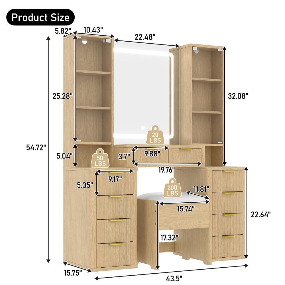 Cosmetic dresser with mirror, 10 drawers, stool, and charging station