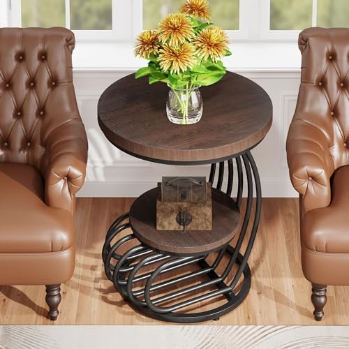 Round End Side Table: Side Table with 2 Tiers Storage Shelves, 1 Rustic Brown