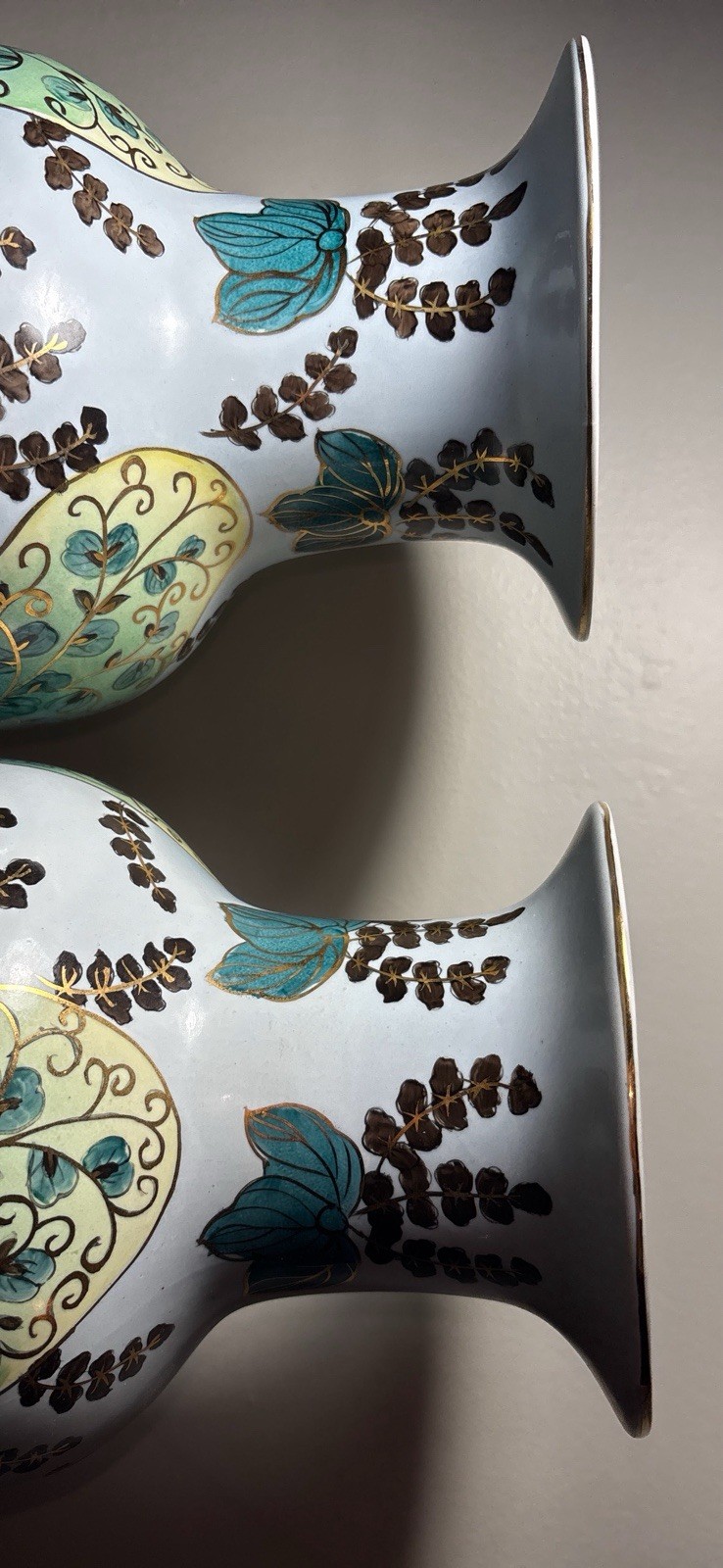 Beautiful Pair of Large Chinese Jingdezhen Porcelain Vases on Brass Stands 16”