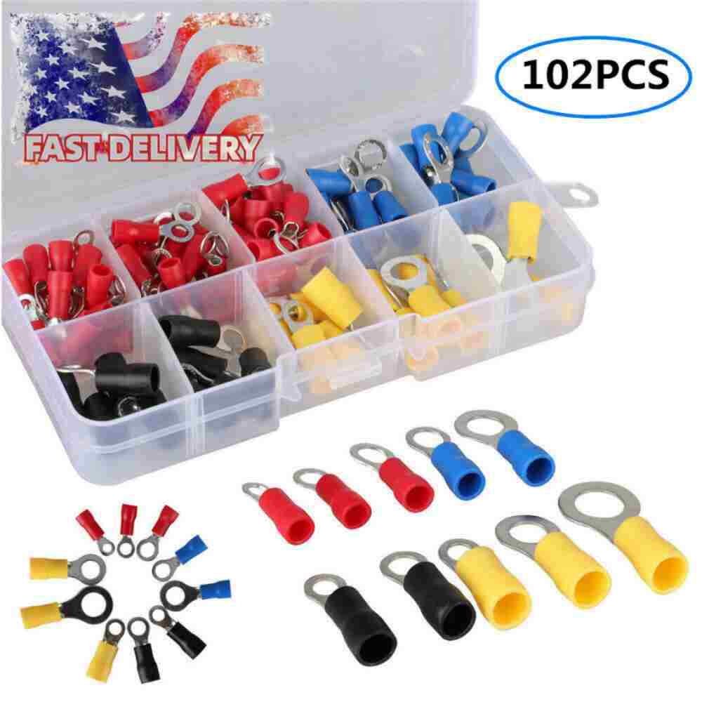 Assorted Vinyl Insulated Ring Crimp Terminal Electrical Wire Connectors  102Pcs