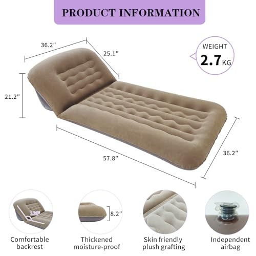 Inflatable Camping Air Mattress with Adjustable Backrest, Flocking Portable
