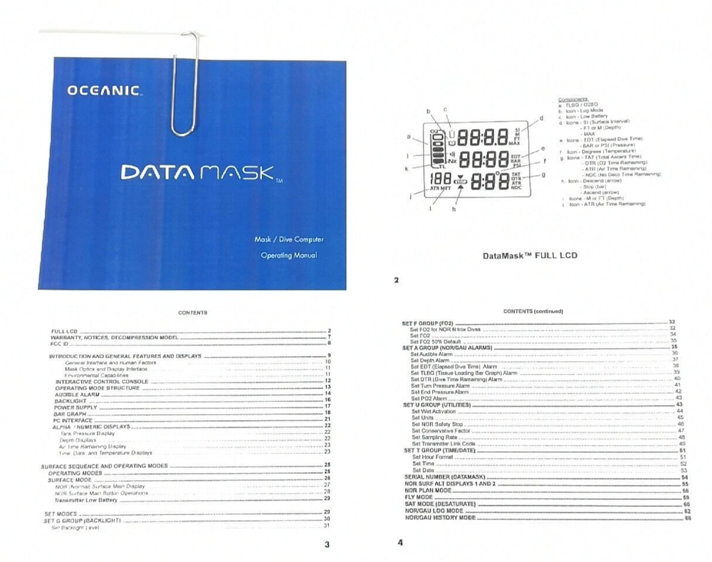 Oceanic DataMask Scuba Dive Wireless Computer Operating Manual Printed Data Mask