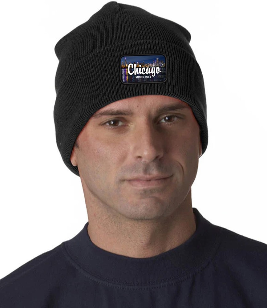 Chicago Skyline Windy City Patch Cuffed Knit Hat Black