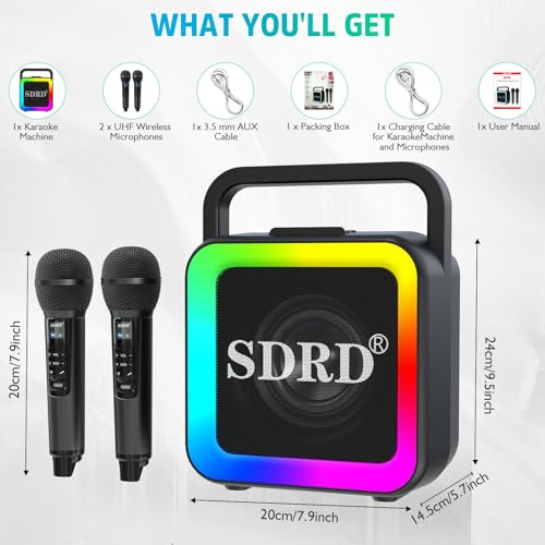 Karaoke Machine with Two Wireless Microphones, Portable Bluetooth Speaker for