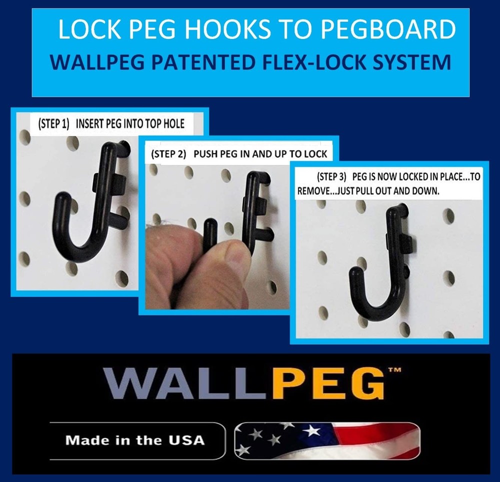 100Pcs Pegboard Accessory Peg Hook Set – Durable, -Locking Black 1/4" J-Style...