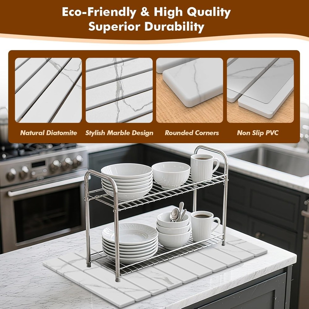 Stone Dish Drying Mat for Kitchen Counter,24" L×16" W Large Foldable Marbled ..