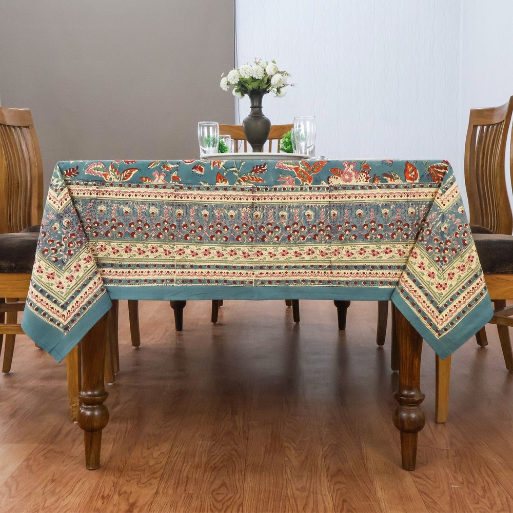 Blue & Green, Floral Block Printed Table Cover, Rectangular Christmas Tablecloth