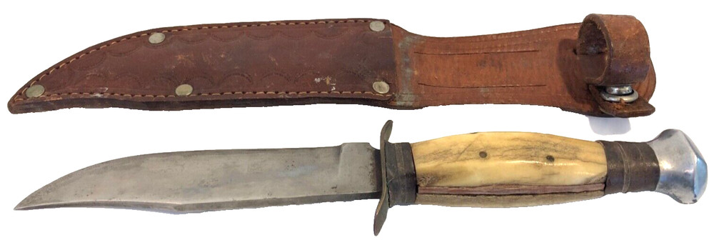 Vintage Bone Handle Hunting Bowie Knife & Leather Sheath RANCH
