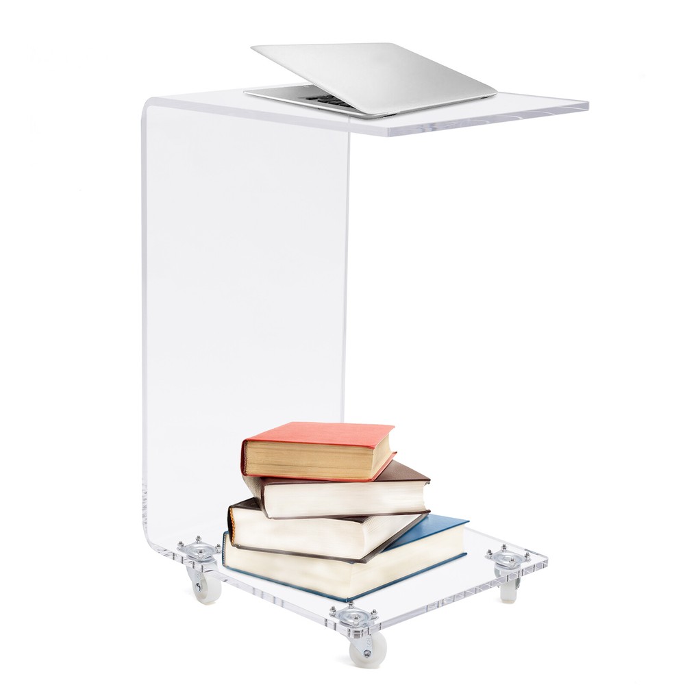 Acrylic Movable Clear Bedside Table C-Shaped End Table Snack Table on Wheels