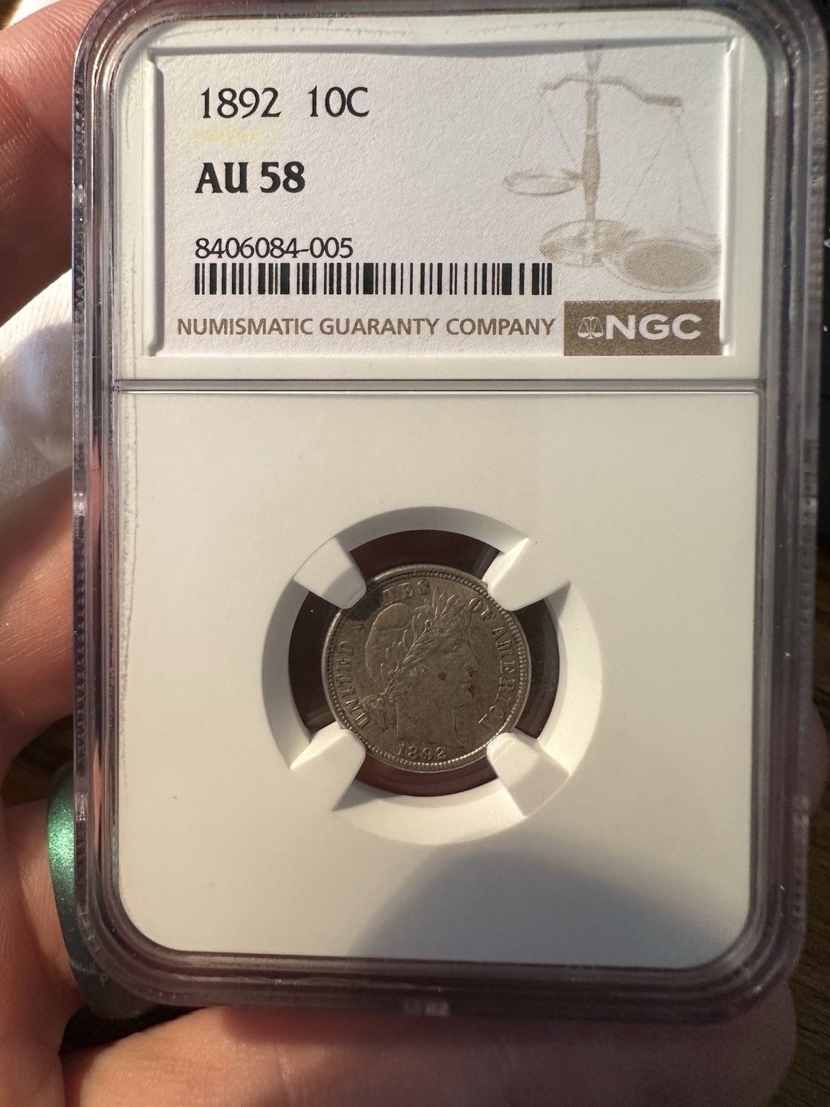1892 Barber Dime AU 58 NGC Certified