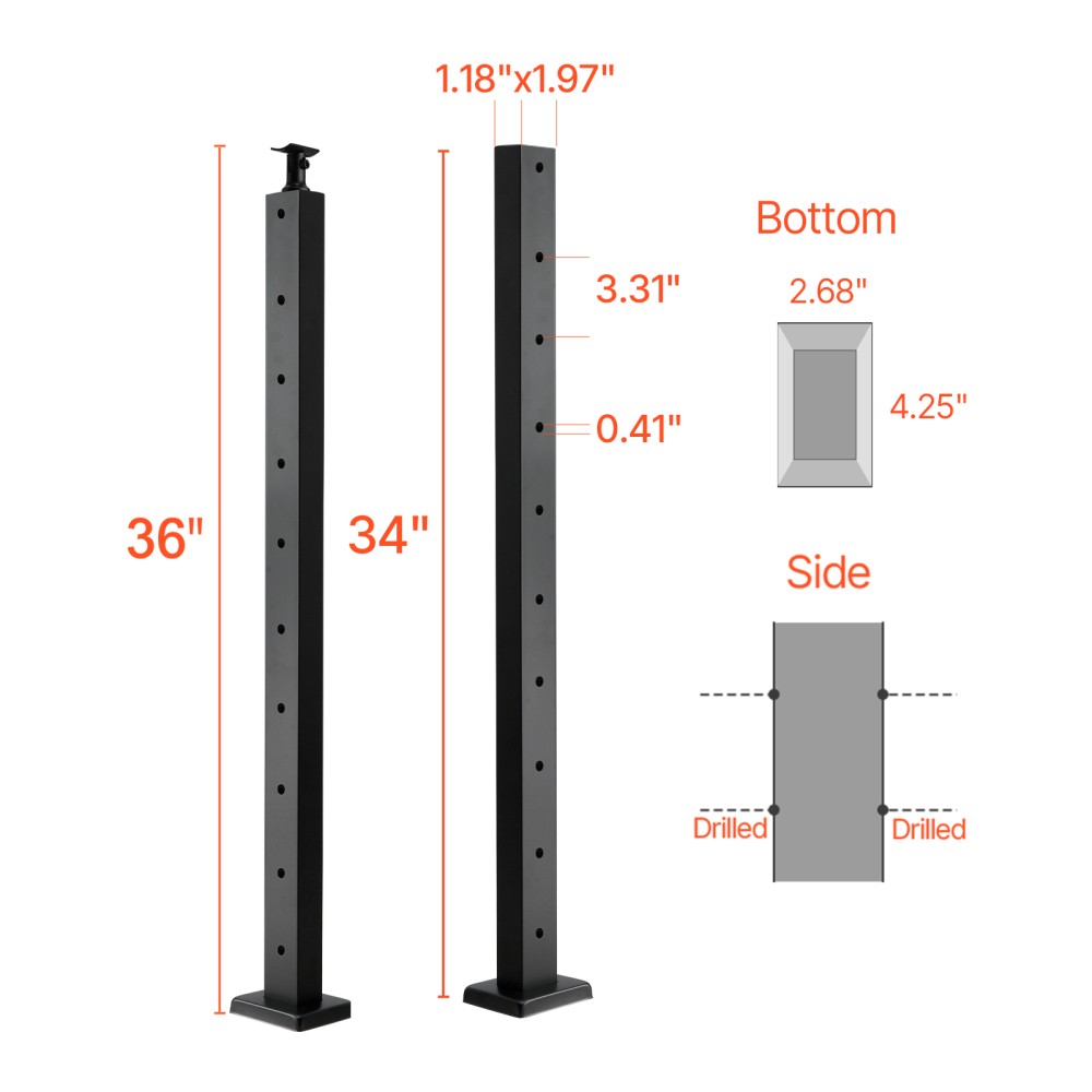 36" Black Stainless Steel Cable Railing Post w/ Mounting Bracket - Easy Install