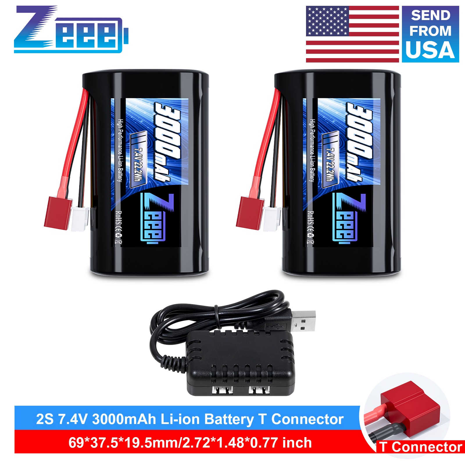 2x Zeee 7.4V 2S Li-ion Battery 3000mAh with T Connector USB Charger