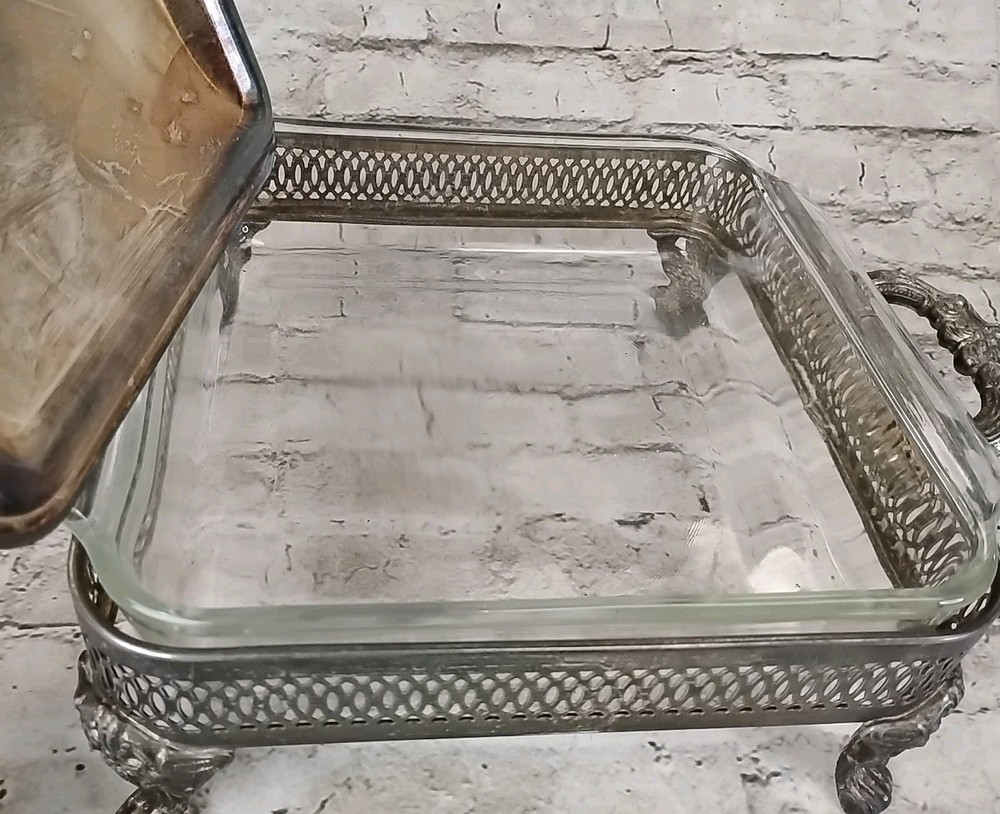 Vintage Silver Plate Footed BUFFET SERVER with Fire King Ovenware Glass Insert