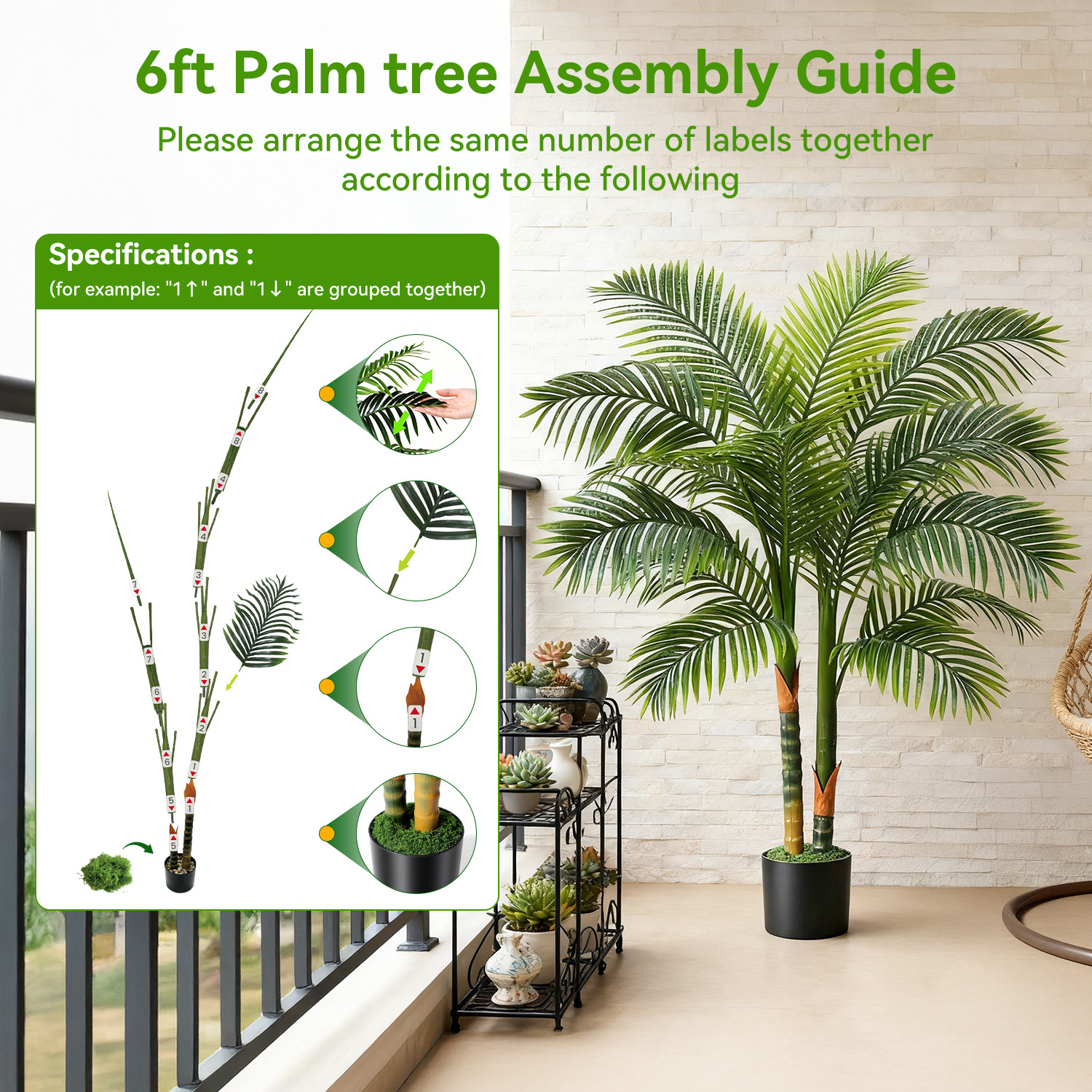 6FT Double Golden Cane Palm Artificial Tree Lush Realistic Home Garden Decor