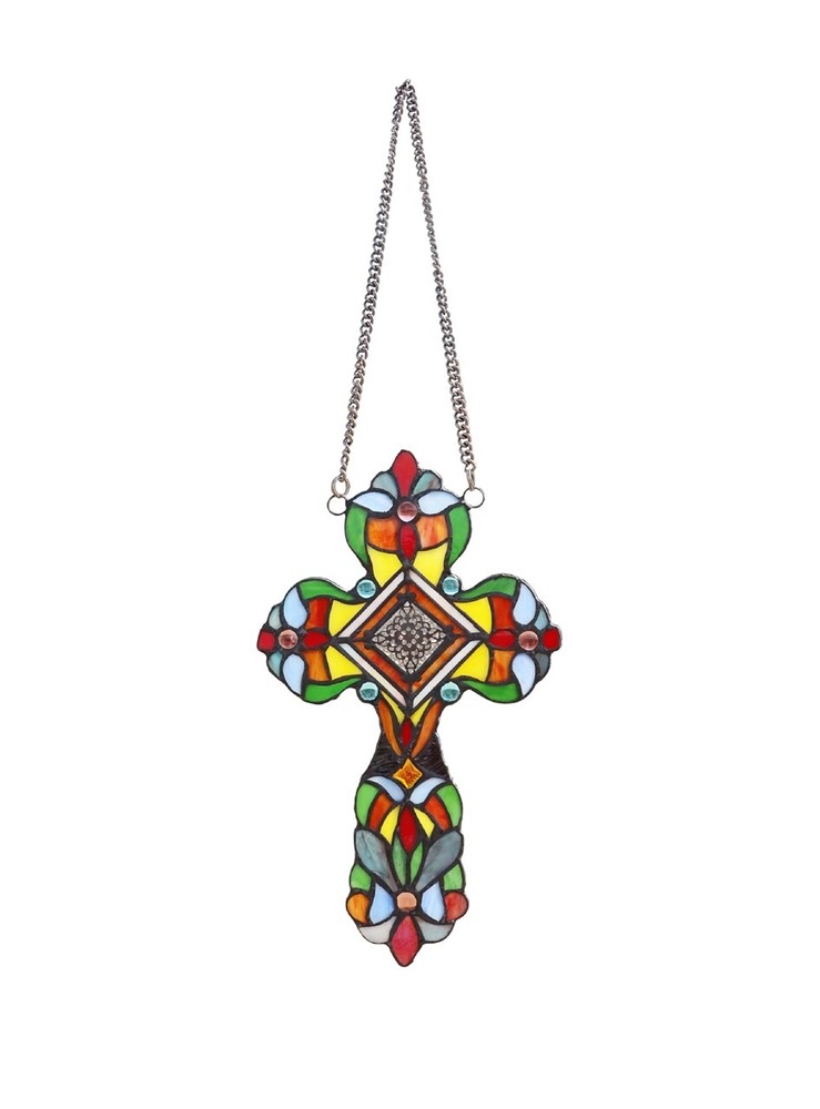 13" Stained Glass Cross Window Hanging Panel Suncatcher