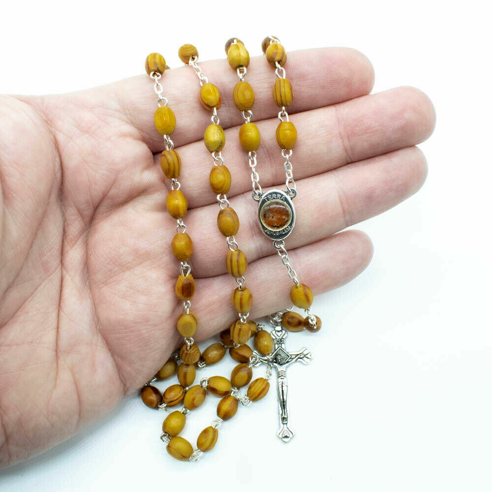 Blessed Catholic Rosary Necklace Olive Wood Oval Beads Jerusalem Soil Crucifix