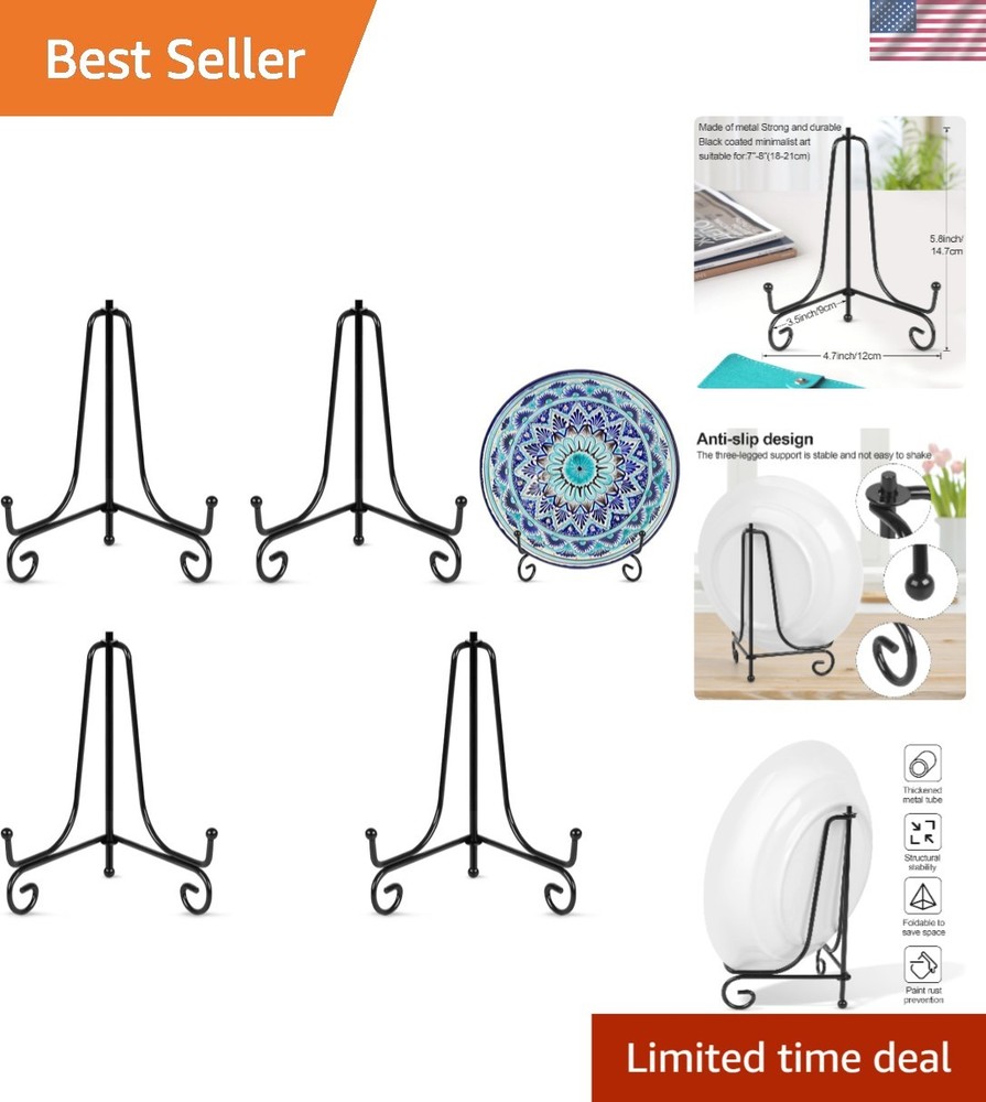 Space-Saving 4 Pack 6-Inch Foldable Plate Stands - Stylish Black Design