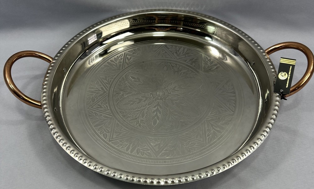 Vintage Large 16.5” Silverplate Silver Round Serving Tray w/Copper Handles India