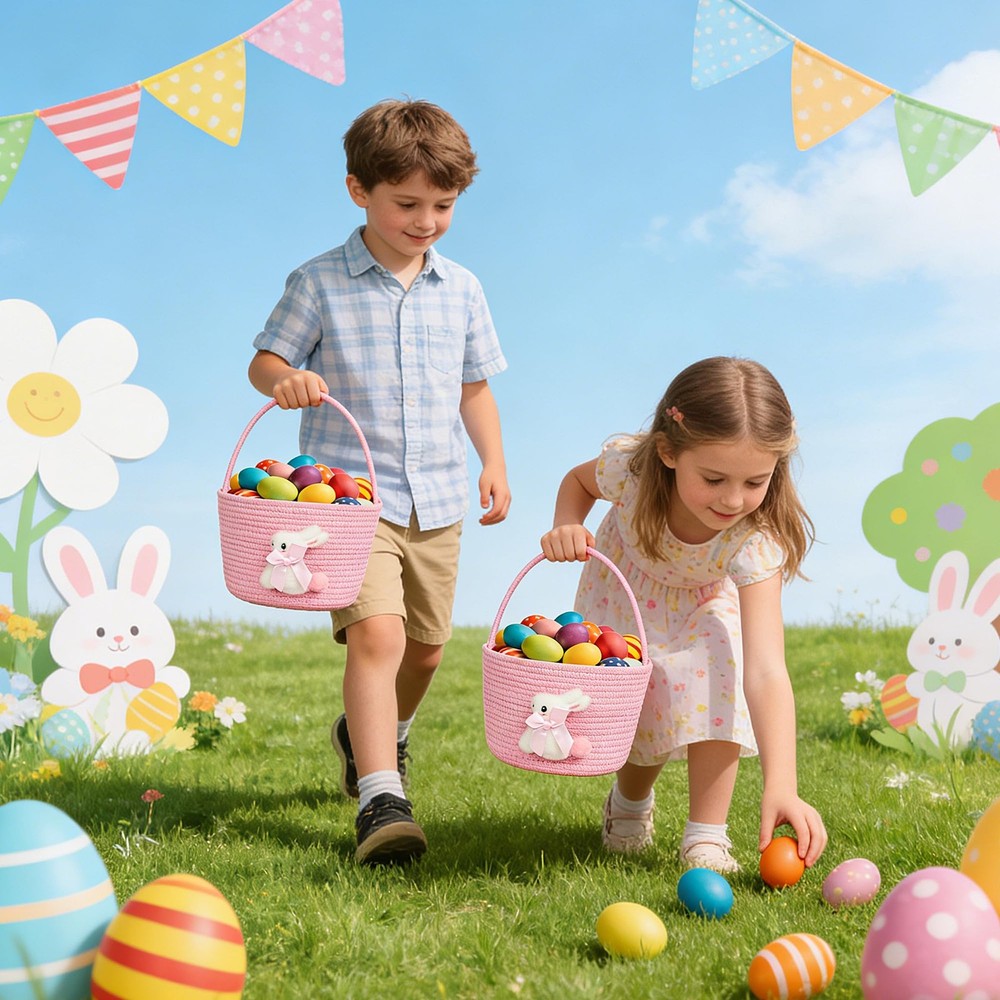 Pink Easter Basket, Bunny Easter Baskets for Kids, Baskets with Handle for Gi...