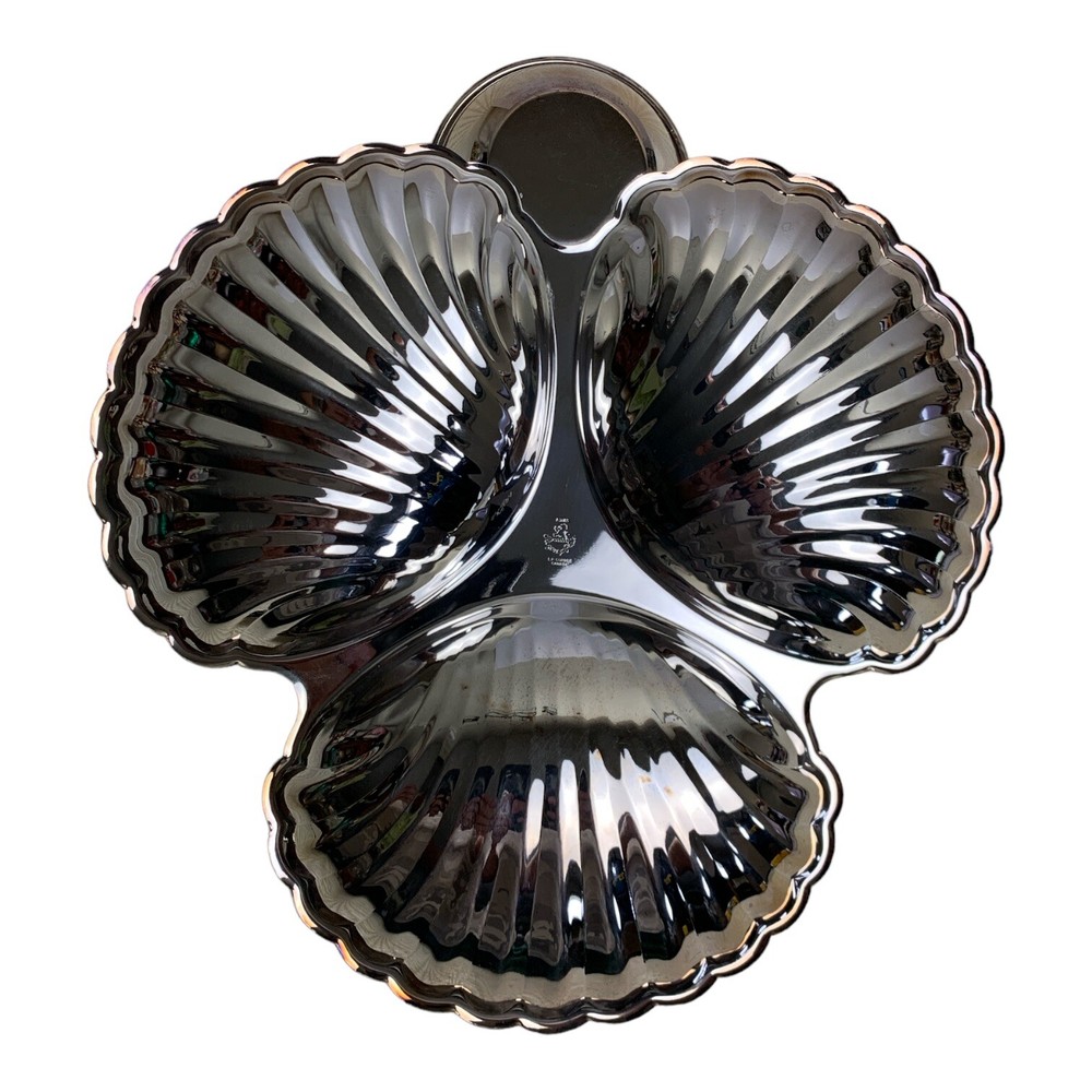 Vtg Seashell Silver Serving Tray Dip Cup Birks Regency Plate Shell Fish Formal