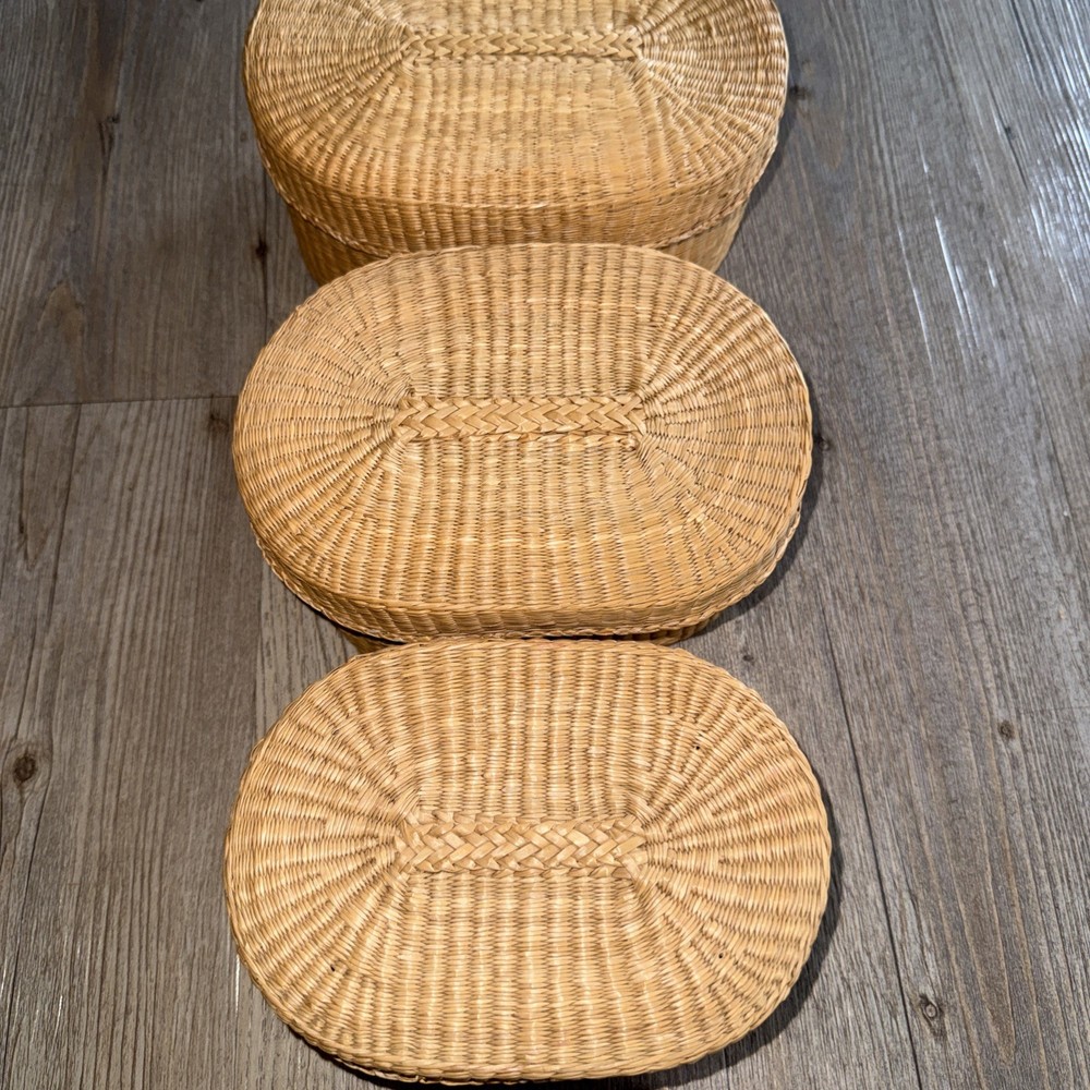Vintage Nesting Basket Storage Trinket Box Set Oval w/Lids Sweetgrass Stackable