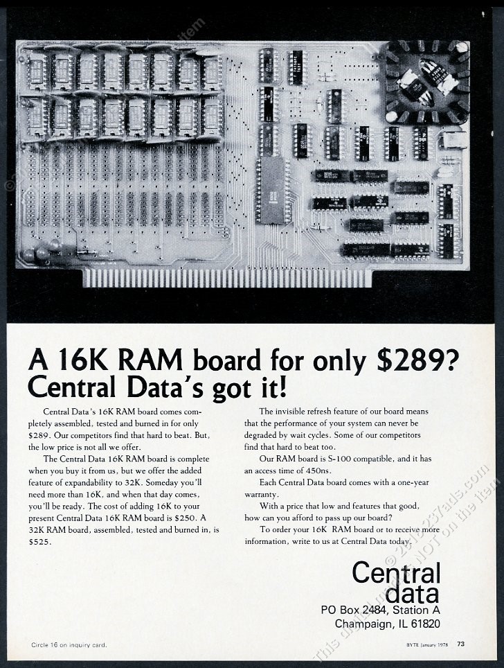 1978 Central Data 16K RAM board photo vintage computer computing print ad