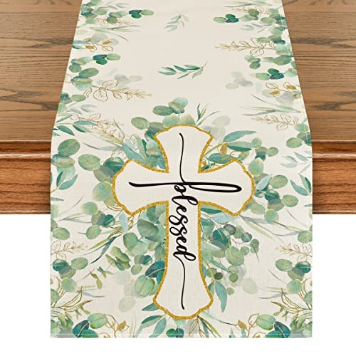 Blessed Cross Eucalyptus Table Runner, Spring 13" x 72", Table Runner Green