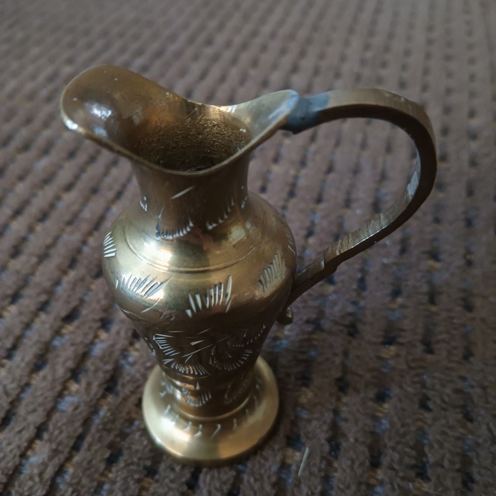 Vintage Brass Etched Mini Water Drink Pitcher  3 In.