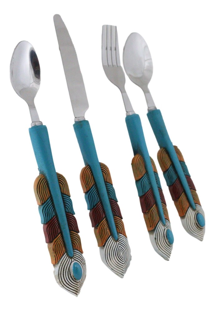 Southwest Chic Indian Turquoise Feather Flatware 1 Spoon Teaspoon Fork Knife Set