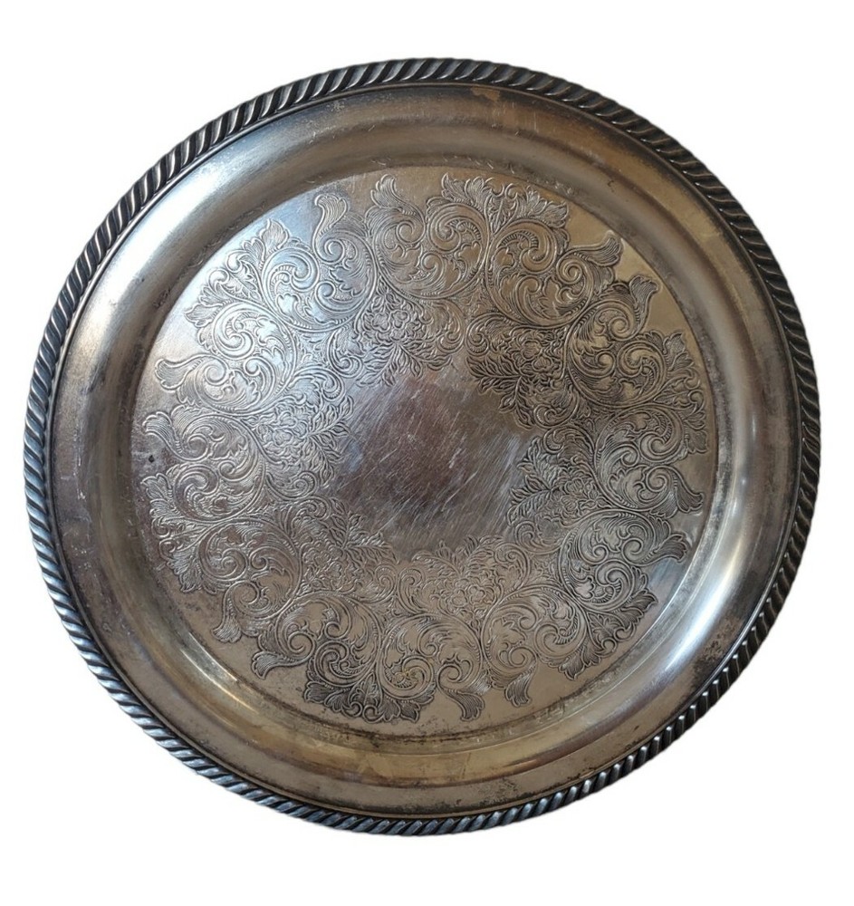 Vintage~ Silver Plated 12” Round Gallery Cocktail Serving Tray