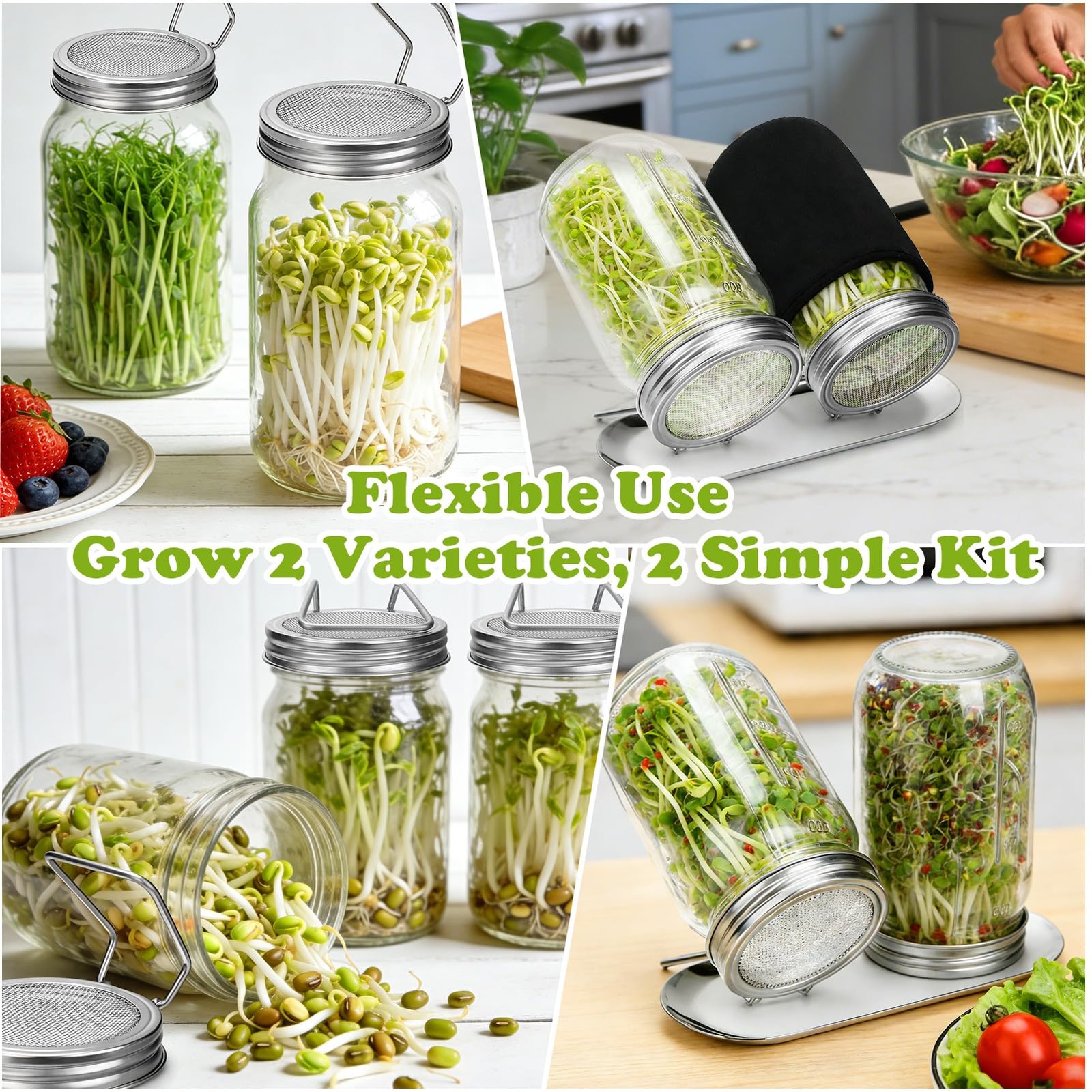 Sprouting Lids for Wide Mouth Mason Jars, 2Pack Reusable Stainless Steel Screen