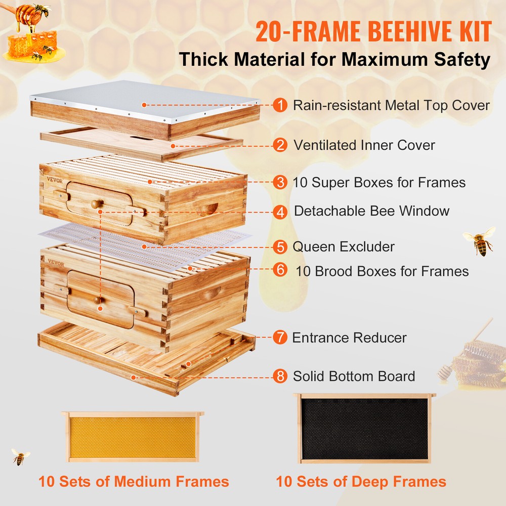VEVOR Bee Hive Langstroth Kit 10 Deep & 10 Medium Frames with Acrylic Windows