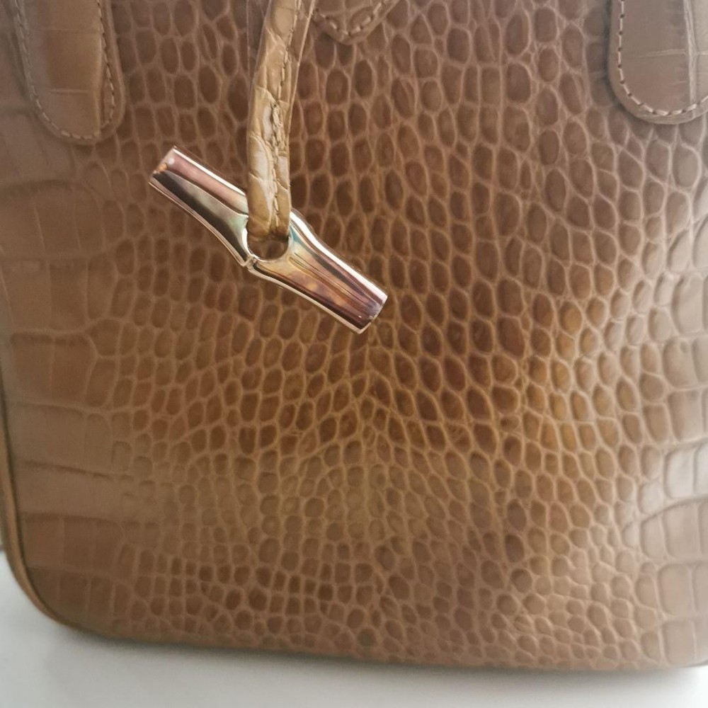 Excellent Condition LONGCHAMP Embossed Leather Square Tote Beige 07a