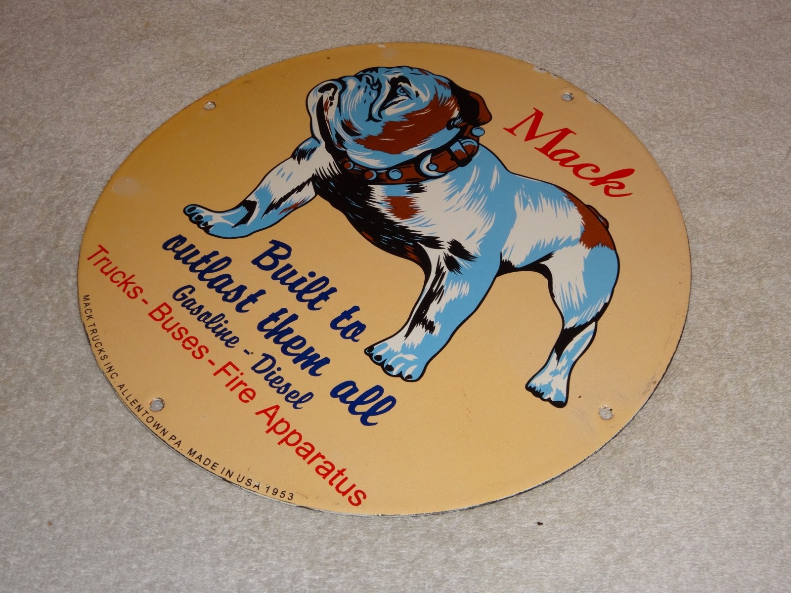 VINTAGE MACK🐶TRUCKS BUSES GASOLINE DIESEL 11 3/4" PORCELAIN METAL OIL DOG SIGN