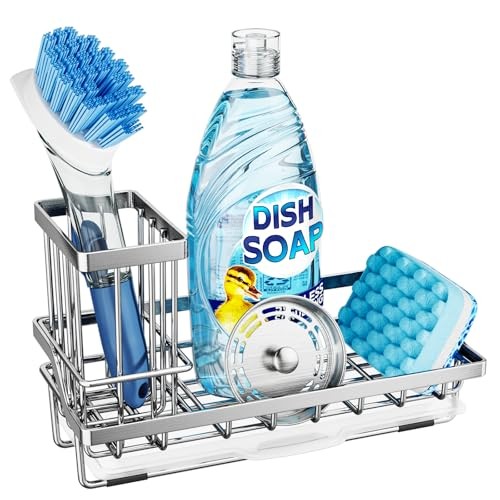 Sink Caddy, Kitchen Sponge Holder with Dish Brush Holder, Kitchen A-silver