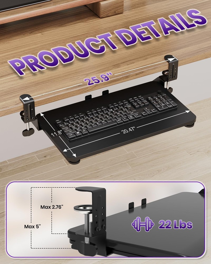 Ergonomic Mouse & Keyboard Tray Under Desk Pull Out with Adjustable C-clamp 2...
