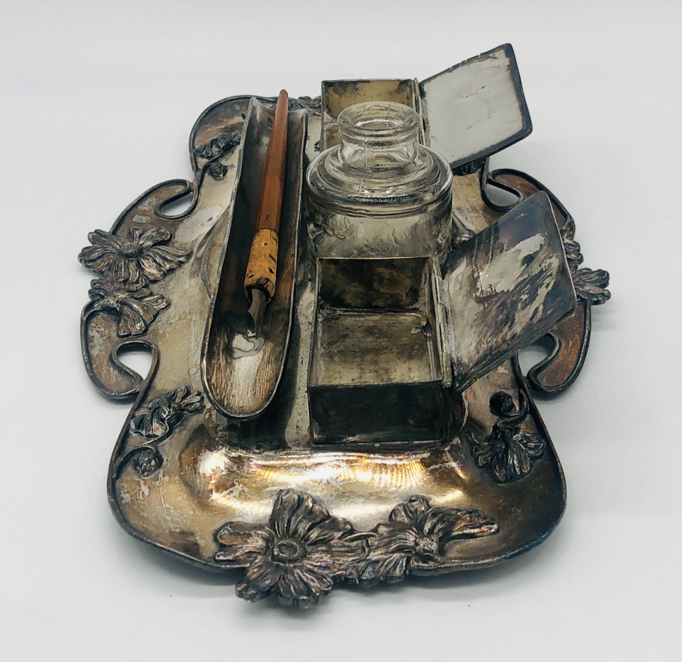 Antique 1905 Derby Silver Co. Art Nouveau Inkwell Set - Engraved #1778 - USA