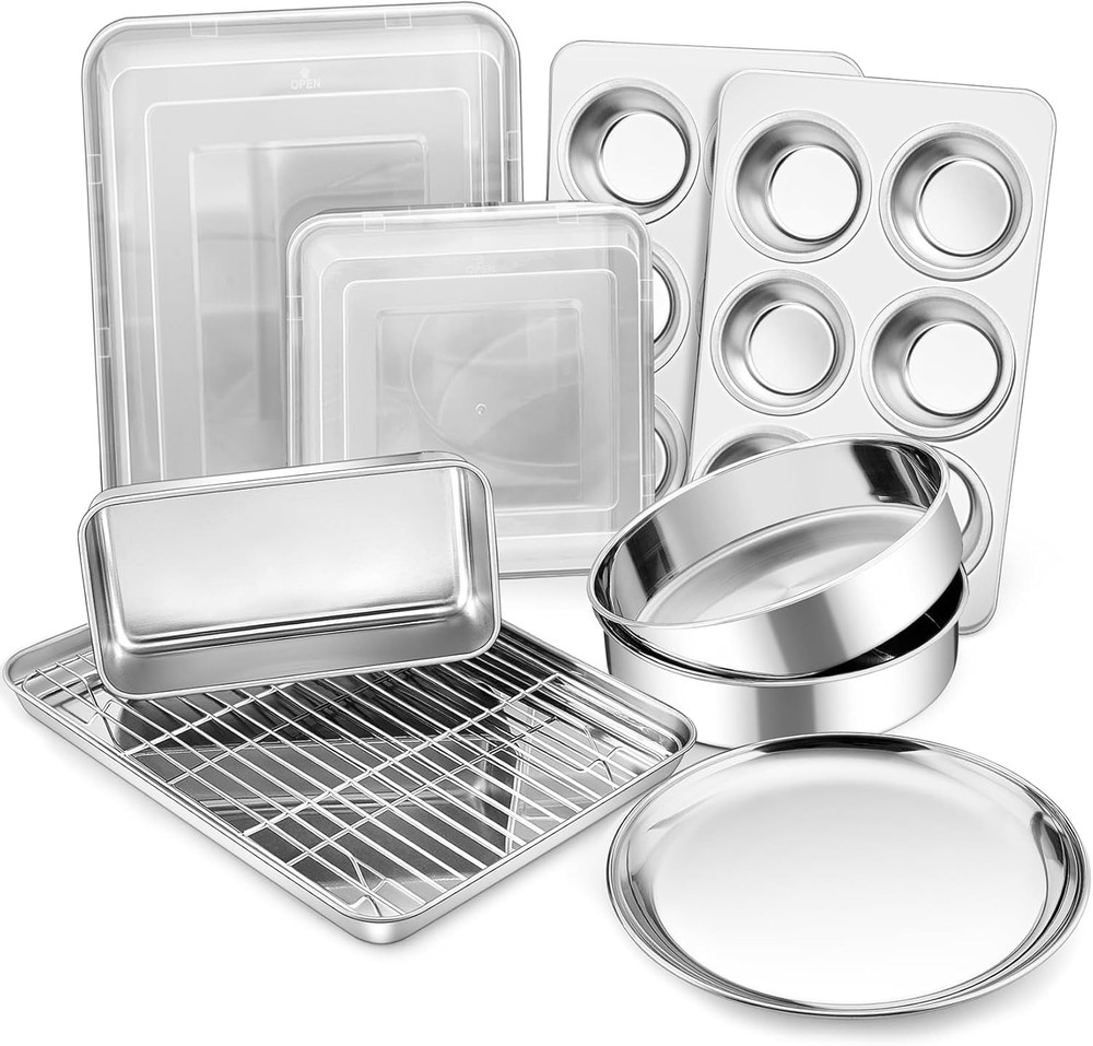 Stainless Steel Bakeware Set 12-Piece Kitchen Baking Pans Set Baking Sheet W/