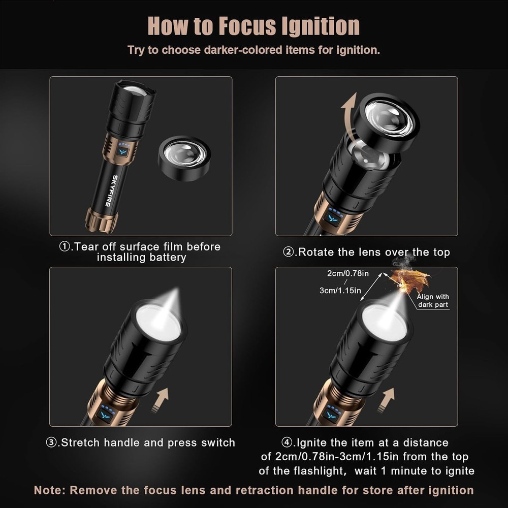 SKYFIRE Rechargeable Flashlight High Lumens, LED Flashlight with Ignition Len...