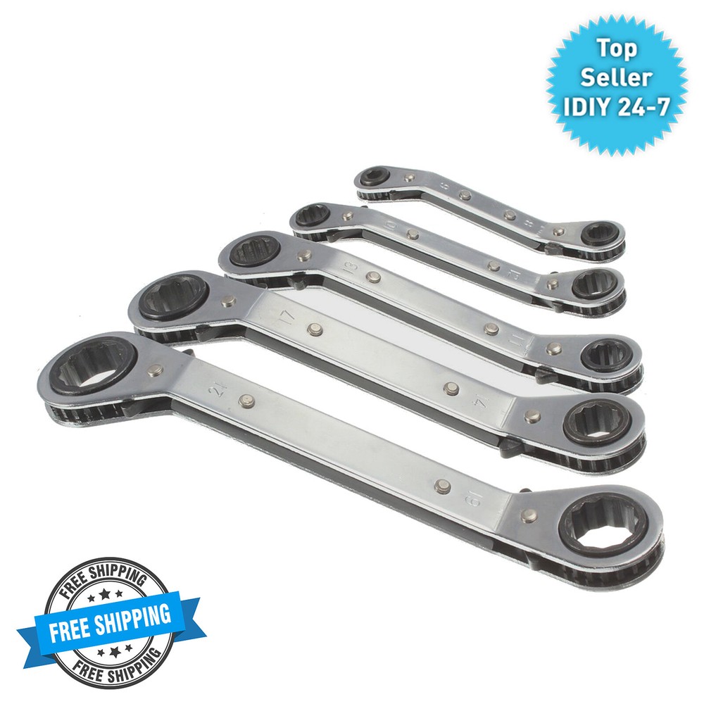 Rolson Offset Ring Ratchet Spanner Wrench Set 5pc Reversible Professional